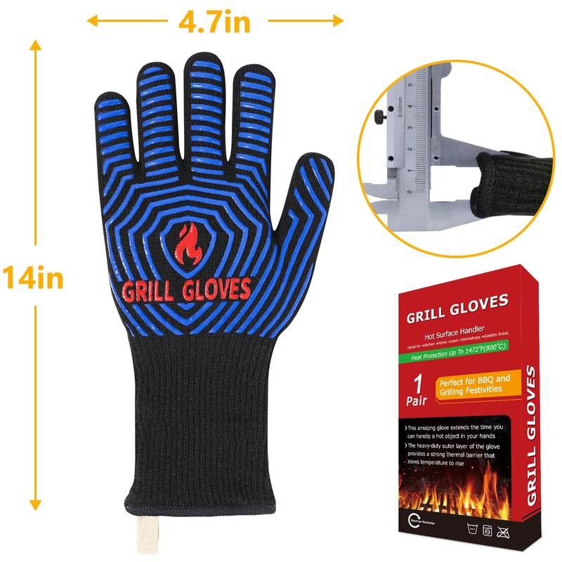 QUWIN BBQ Gloves, Oven Gloves 1472℉ Extreme Heat Resistant, Grilling