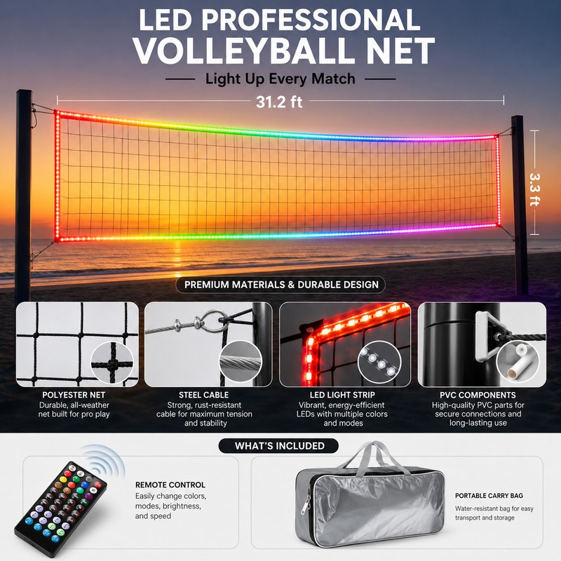 LED Volleyball Net for Outdoor Night Games – Portable Light-Up