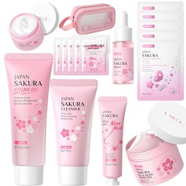 LAIKOU Sakura Gesichtsreinigung Set, 17 Stück Gesichtspeeling Set, Gesichtspflege Feuchtigkeit Damen