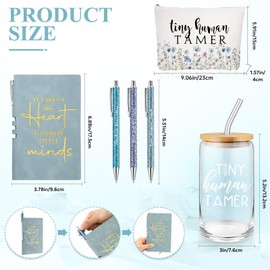 Domensi 6 Pcs Tiny Humans Tamer Teacher Appreciation Gift for Daycare Kindergarten Teacher 16oz Glass Can Straw Cup Leather Journal Ballpoint Pen Makeup Bag Thank You Christmas End-of-Year(Blue)