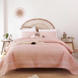 JANZAA Queen Size Quilt Boho Bedding Bedspreads Queen Size Pink Quilt 3PCS with 2 Pillow Cases Reversible Coverlet Bedding Set for All Season