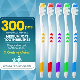 Navona 300 PCS Individually Wrapped Bulk Toothbrush Pack, Colorful Manual Disposable Toothbrushes for Adults or Kids, Ergonomics Handle, Soft Bristles, Perfect for Travel, Hotel, Donation
