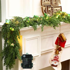 Meooeck 6.2FT Pre Lit Christmas Cedar Garland with Lights Artificial Pine Garland Christmas Decorations with Christmas Stars,8 Modes Timer Battery Operated for Outdoor Indoor (Green Stars)