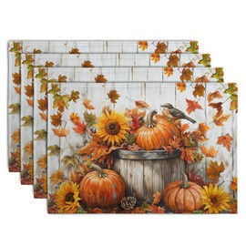 Wnoesat Fall Placemats 12x18 Inch Set of 4 Pumpkin Maple Leaves Sunflower Bird Linen Place Mat Burnt Orange Autumn Thanksgiving Harvest Table Mats for Party Kitchen Dining Decoration