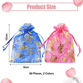 60 Organza Bags, Mesh Gauze Bags, Small Drawstring Gift Bags, Rose Pattern Jewelry Bags, Mesh Drawstring Bags, Suitable For Jewelry, Confetti, Candies (9×12Cm)