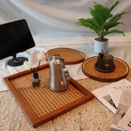 Abyjifar Serving Tray with Rattan Mesh and Solid Wood Frame Mixed Handmade for Breakfast Tea Snack Bread Coffee Table Kitchrn Party Home Decor (3 Sizes Natural Color)