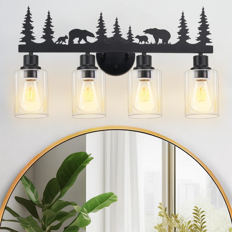 Monyohame Farmhouse Rustic Bear Bathroom Light Fixtures, 4-Light Black Vanity