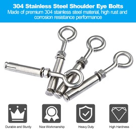 Shoulder Eye Bolts M6 Heavy Duty Shoulder Lag Eyebolts, Stainless Steel Expansion Screws Wall Concrete Anchors Fastener with Nut for Wall Ceiling Concrete Masonry, 10 Pieces