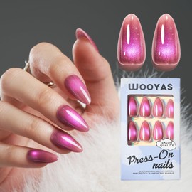 Wooyas Cat Eye Press on Nails Almond, Purplish Pink Medium Handmade Magnetic Gel Nails with Glitter Top Coat, Glossy Salon Perfect Velvet Cat Eye Nails in 12 Sizes - 24 Pcs Nails Kit for Women Girls