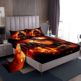 Firefighter Bed Sheet Set Twin,Realistic Flame Fire Fighting Soft Microfiber Sheet Set for Bedroom Decor All Season,Vintage Country Decor Fitted Sheet + Flat Sheet + 1 Pillow Case