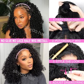 SKYDO Kinky Curly Half Wig Human Hair 250 Density 16inch Wear and Go Glueless Wigs Human Hair 3 in 1 Half Wigs for Women Drawstring Seamless Flip Headband Wig Beginner Friendly