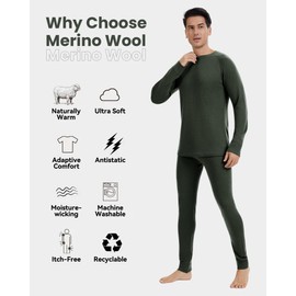 woolcano Men's Merino Thermal Set, 100% Wool Base Layer Lightweight for Skiing and Outdoor Activities Dark Army Green L, 190g/m²