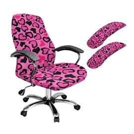 ZIATUBLES Pink Leopard Print 3 Pcs Set Office Chair Cover with Armrest Covers Anti-Dust High Back Swivel Boss Chair Slipcover Gaming Armchair Protector, Large