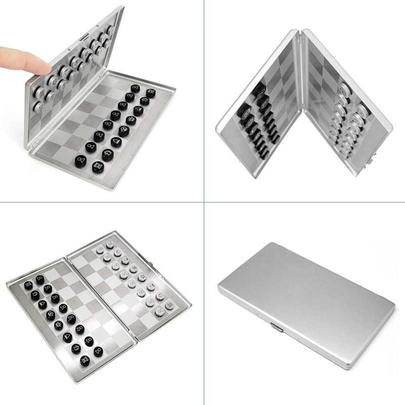 Metal Pocket Chess Set, Portable Foldable Travel Magnetic Mini Checkers