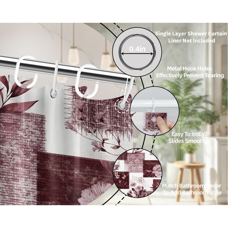 DLTAY Burgundy Patchwork Shower Curtain, 72x72 in