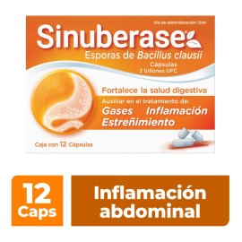 Sinuberase Probióticos 2 billones de UFC 12 Cápsulas. Fortalece la Salud Digestiva. Auxiliar en el Tratamiento de Inflamación, Gases y Estreñimiento. Restaura el Equilibrio de la Flora Intestinal