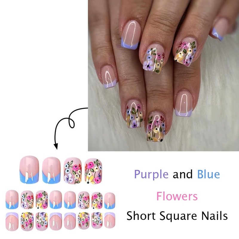 24PCS Press on Nails Square Short Purple Press on Nails