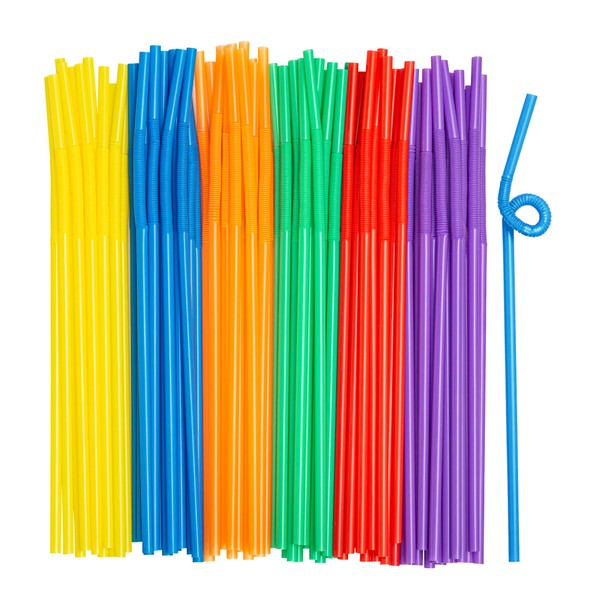 [300 Pack] Long Flexible Disposable Drinking Straws - 10.02" High - Assorted Colors