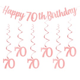 bng-bng 70th Birthday Party Decorations Rose Gold Happy 70th Birthday Bunting Banner With Hanging Swirls Streamers for Women Birthday Anniversary Party Decor Supplies