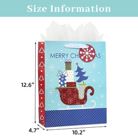 LEAYUGF 13" Large Sky Blue Christmas Gift Bag with Tissue Paper Snowflake Christmas Tree For Christmas Birthday Party Anniversaries Supplies with Handles