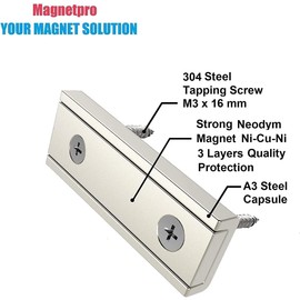 Magnetpro Pack of 16 Rectangular Magnets 20 kg Force 40 x 13.5 x 5 mm with Countersunk Hole and Capsule, Household and Industrial Pot Magnet with Screws
