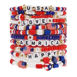 Twinfree American Flag Bracelet for Women Men, 4th of July Patriotic Jewelry, Red White and Blue Star Heart Independence Day Bracelet (12pcs)