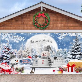 Christmas Garage Door Decorations Backdrop Banner 7x16ft Christmas Garage Door Cover Winter Forest Snowman Holiday Large 2 Car Xmas Garage Door Banner Outdoor Christmas Garage Door Background Supplies