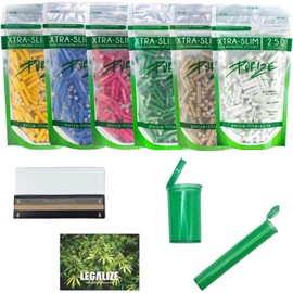 Purize Pack of 250 Xtra Slim Size Activated Carbon Filters, 6 mm, 2 Ceramic Caps, Assorted Colours & Joint Tube