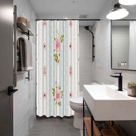 Batmerry Shabby Chic Roses Decor Shower Curtain, Vintage Floral Stripes Polka Dot Laces Bathroom Decor Polyester Fiber Plastic Rings Quick-Drying Waterproof for Bathtubs/Bathroom, 72x60 inches