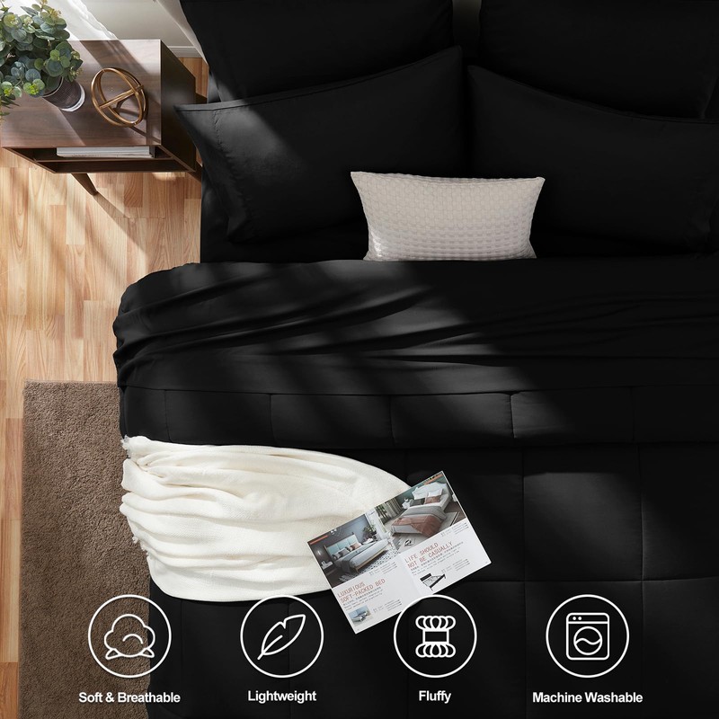 CozyLux Full Size Comforter Sets Black, 7 Pieces Bed in
