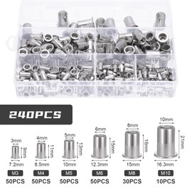 Gueenky Pack of 240 Rivet Nuts Assortment, M3 M4 M5 M6 M8 M10 Rivet Nuts Stainless Steel 304 Rivet Nuts Retractable Nuts Thread Rivets Blind Rivet Nuts Set for Metal Plastic