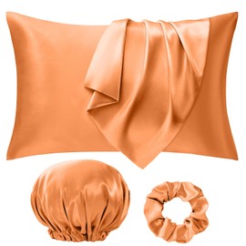 Seiwohl Satin Pillowcases for Hair and Skin 2 Pack & Satin Hair Scrunchie and Bonnet Set, Silky Pillow Cases with Envelope Closure, burnt orange, Standard Size 50x75 cm