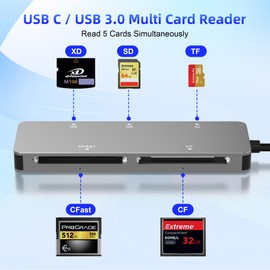 CFast Card Reader, 5Gbps USB C CFast2.0 Card Reader CFast/SD/Micro SD/XD/Compact Flash Read 5 Cards Simultaneously, Sony XD Card SanDisk C-Fast Card Adapter for Phone/PC