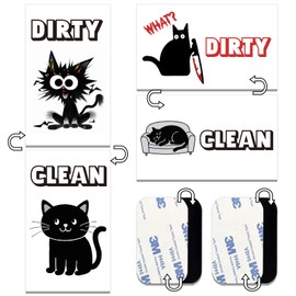 2Pcs Funny Dishwasher Magnet Clean Dirty Sign Cute Black Cat Cartoon Dishwasher Magnets Double Sided Clean Dirty Magnetic Stickers for Washing Machine with 2 Adhesive Metal Plates