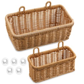 Set of 2 Wall Hanging Baskets, Boho Style Hand-Woven Hanging Storage Basket, Plastic Woven Baskets with Hangers for Kitchen Home Decor Bathroom Living Room (Light Brown, Imitation Rattan Plastic)