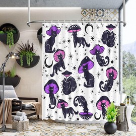 MEHOFOND Funny Cat Mushroom Shower Curtain Unique Black Cat Colorful Mushroom Shower Curtain for Bathroom Fun Hilarious 70s 80s Aesthetic Kids Art Fabric Waterproof Bathroom Decor 72 x 72 Inches