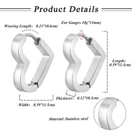 Aroncent Unisex Stud Earrings Set: Men Women Stainless Steel Stud Earrings Set Heart Fashion Elegant Casual Huggie Earrings in Silver, Stainless Steel