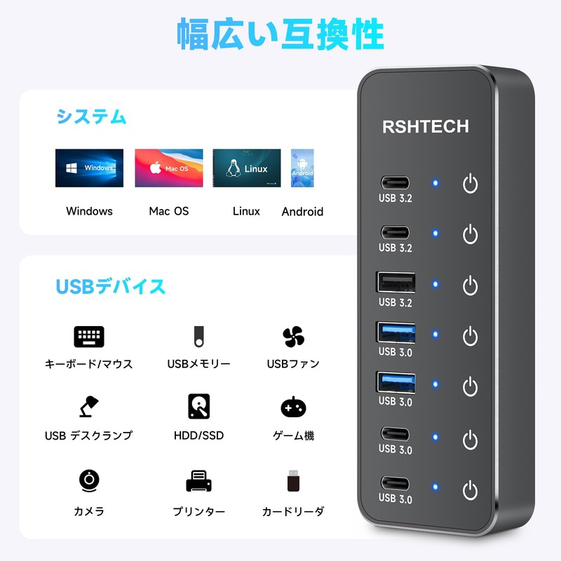 RSHTECH RSH-ST07C-4 USB Hub, 10 Gbps, 7 Ports, USB-C x