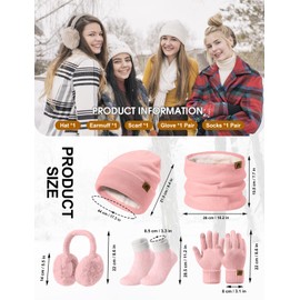 UMIPUBO Hat Scarf Gloves Women's Winter Set Winter Hat Fleece Lined Beanie Loop Tube Scarf Warmer Touchscreen Plush Ear Warmers Thickened Earmuffs Socks Set of 5, pink