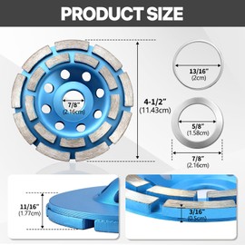 4-1/2 Inch Diamond Concrete Grinding Wheel, Double Row Heavy Duty Cup Disc with 7/8" to 5/8" Arbor Adapters - Fast Material Removal for Angle Grinder on Cement, Stone, Granite & Masonry (Blue)