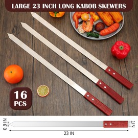 Zhehao 16 Pcs Heavy Duty Kabob Skewers 1 Inch Wide 2mm Thin Kabob Skewers BBQ Skewers Stainless Steel Metal Skewers for Grilling with Wooden Handles, Silver (23 Inch Long)