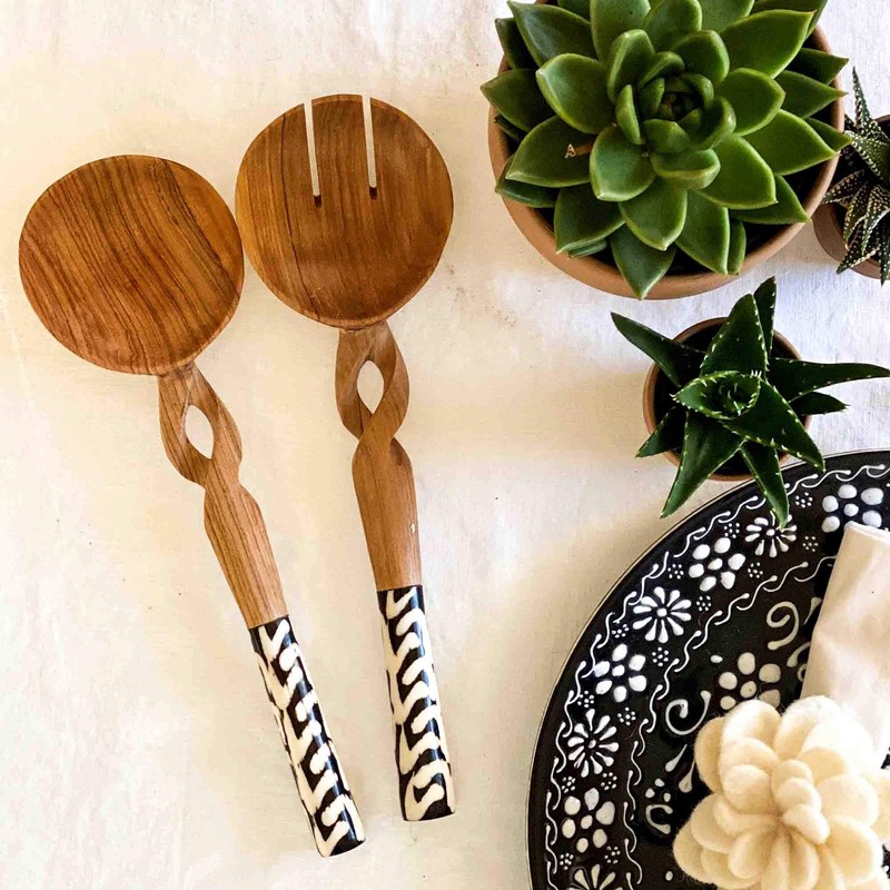 11-Inch Olive Wood Salad Serving Set with Twisted Handles