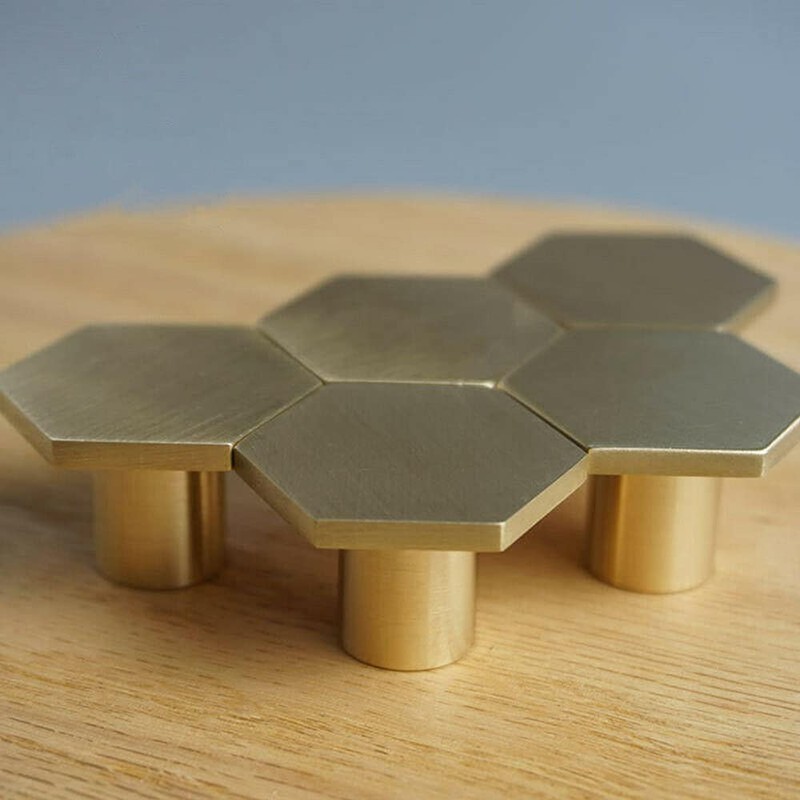 XNJIHWA 2Pcs Solid Brass Hexagon Knobs Hexagonal Gold Drawer Knobs