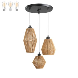 vivihobb 3-Light Rattan Pendant Light,Hand Woven Boho Chandelier,Wicker Pendant Light Fixture,Kitchen Dining Room Chandelier Over Table,Hanging Light for Living Room,Entryway,LED Bulbs Included