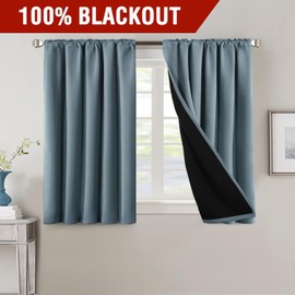 H.VERSAILTEX 100% Blackout Curtains for Bedroom with Black Liner Full Room Darkening Curtains 45 Inches Long Thermal Insulated Back Tab/Rod Pocket Window Drapes for Living Room, 2 Panels, Stone Blue
