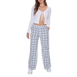 Forever 21 Women's Plaid Wide-Leg Pants, Blue/White