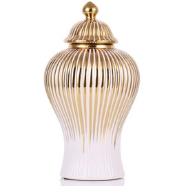 16.5" White and Gold Ceramic Ginger Jar with Lid - Modern Luxury Ceramic White Gold Ginger Jars for Home Decor, Living Room, Kitchen, Dining Table, Cabinet, Bookshelf Decor, Storage Ginger Jar