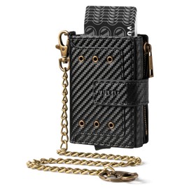 VULKIT Trifold Mens Smart Wallet with Chain, Aluminum POP UP Card Case RFID Protected, ID Window, Zipper Pocket for Coins and Compartment for Bills/Banknotes, Black