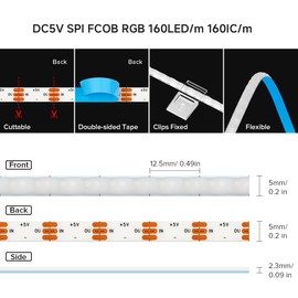 FCOB 5V WS2812B IC RGB COB LED Strip 3.28FT 160LEDs/m 5MM Utral Thin