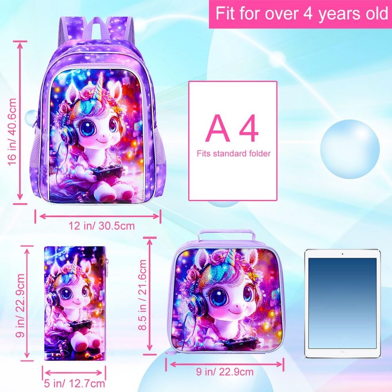 KLFVB 3PCS Girls Unicorn Backpack, Water Resistant Kids Bookbag with